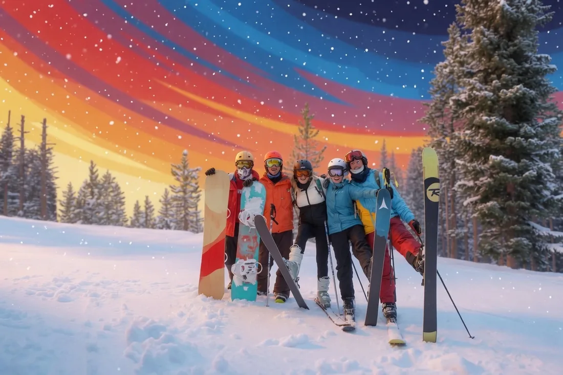 Illustrated group of skiers and snowboarders under a striped sunset sky