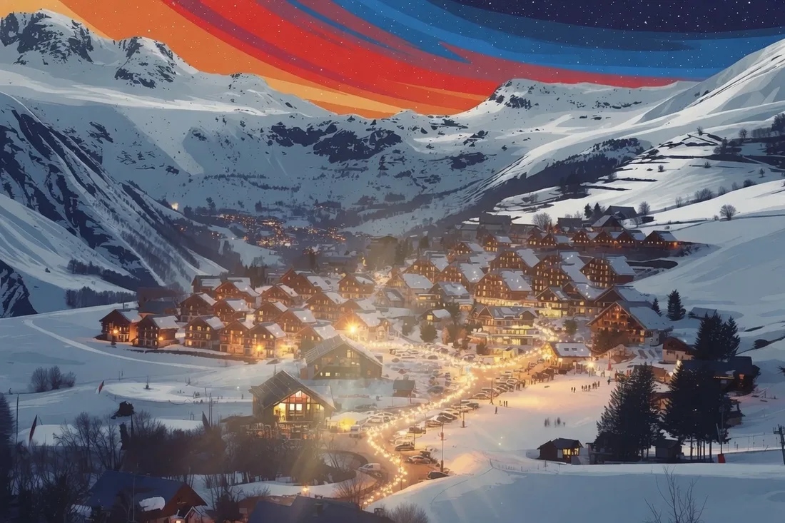 Illustrated alpine resort village glowing at dusk
